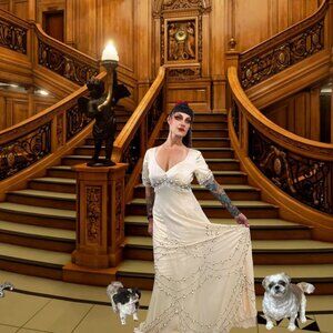 90s Cream Titanic Style Beaded Rose Dress Swarovski Silk Satin Wedding Formal 10